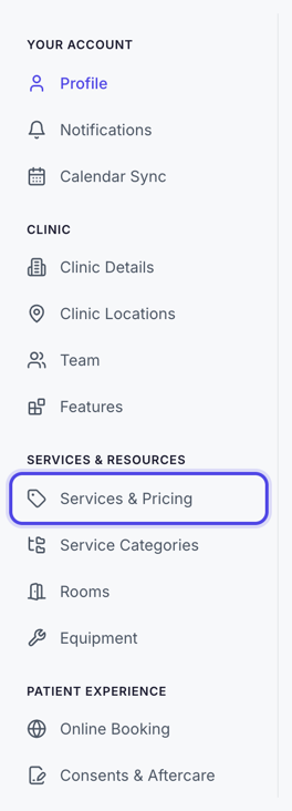 The settings menu, with Services & Pricing highlighted as the first item under the Services & Resources heading.