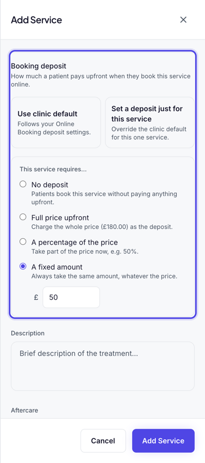 The Booking deposit section with Set a deposit just for this service chosen, and A fixed amount of £50 selected.