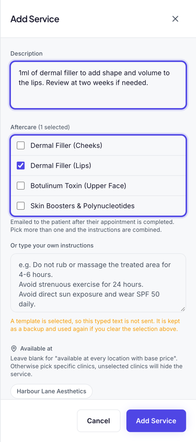 A short description typed in the Description box, and Dermal Filler (Lips) ticked in the Aftercare list.
