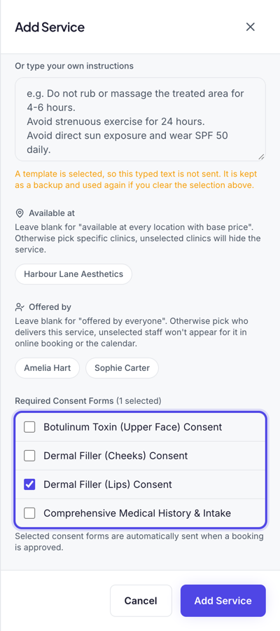 Available at and Offered by left blank, and Dermal Filler (Lips) Consent ticked under Required Consent Forms.