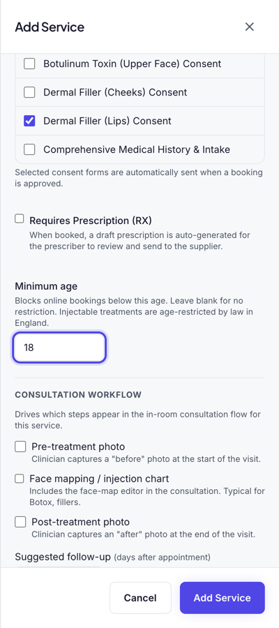 The Minimum age box set to 18 and highlighted, with Requires Prescription (RX) left unticked above it.