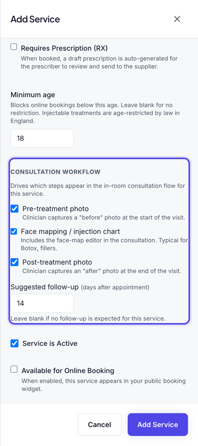 The Consultation Workflow section with Pre-treatment photo, Face mapping / injection chart and Post-treatment photo ticked, and a suggested follow-up of 14 days.