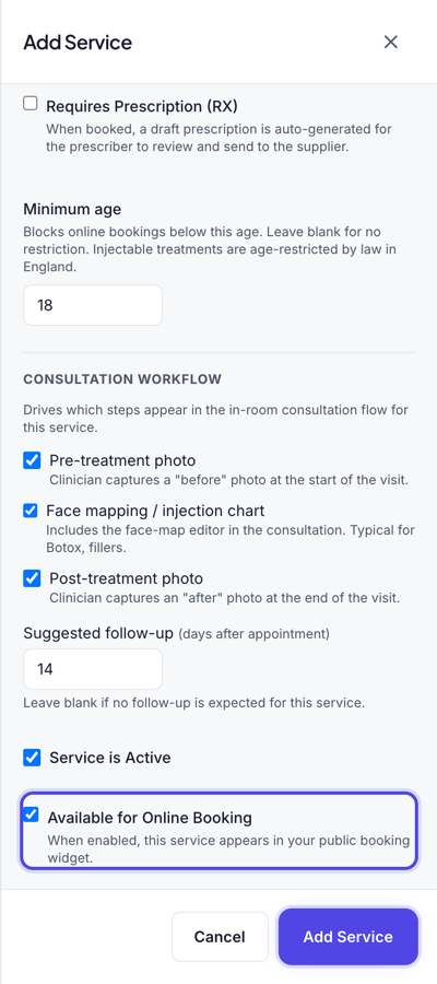 Service is Active ticked, Available for Online Booking ticked and highlighted, and the Add Service button highlighted at the bottom of the panel.