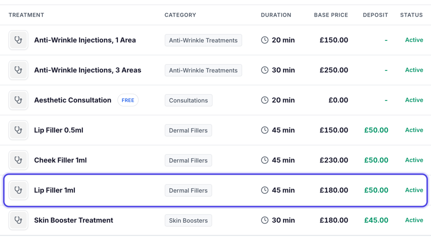 The services list with the new Lip Filler 1ml row highlighted: Dermal Fillers, 45 min, £180.00, a £50.00 deposit and Active.