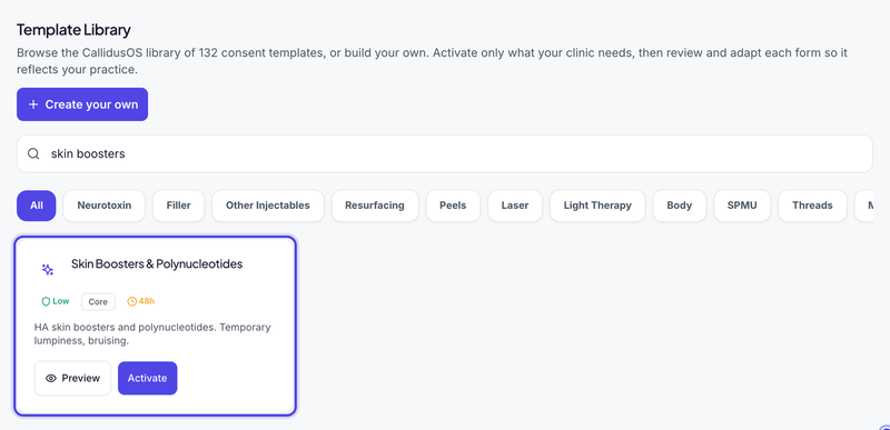 The Template Library searched for skin boosters, with the Skin Boosters & Polynucleotides card highlighted and its Preview and Activate buttons.