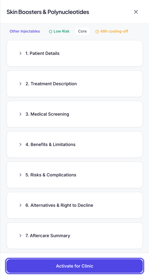 The preview of the Skin Boosters & Polynucleotides form, listing its sections from Patient Details to Aftercare Summary, with Activate for Clinic highlighted at the bottom.