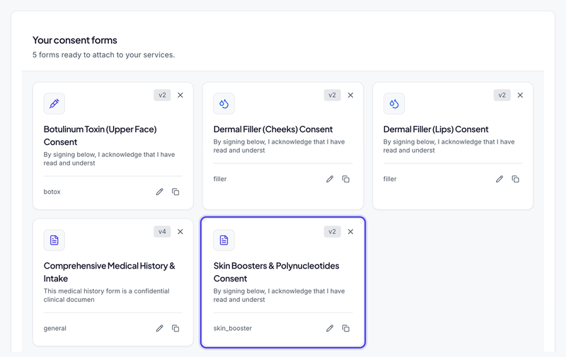 Your consent forms, now showing five forms, with the new Skin Boosters & Polynucleotides Consent card highlighted and its pencil and copy buttons.