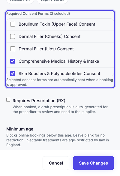 The Edit Service panel for Skin Booster Treatment, with Required Consent Forms highlighted showing 2 selected: Comprehensive Medical History & Intake and Skin Boosters & Polynucleotides Consent. Save Changes is at the bottom.