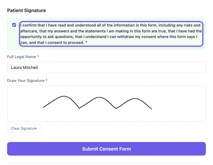 The end of the patient's form: the single confirmation ticked and highlighted, the patient's full legal name, a drawn signature and the Submit Consent Form button.