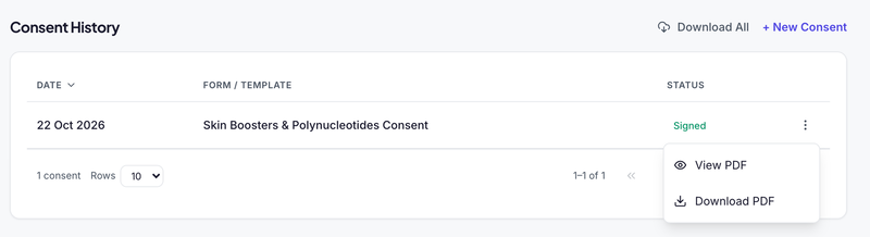 Consent History on the patient's Files & Consents tab: Skin Boosters & Polynucleotides Consent dated today, marked Signed, with its menu open showing View PDF and Download PDF.