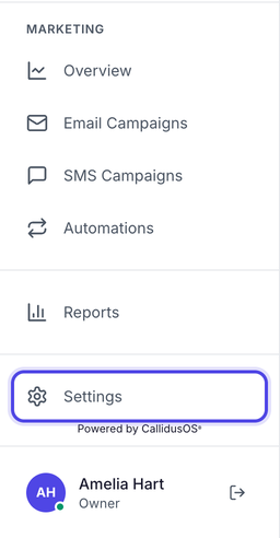 The lower part of the left-hand menu, with Settings highlighted just above the signed-in owner's name.