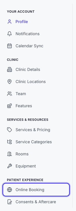 The settings menu, with Online Booking highlighted as the first item under the Patient Experience heading.