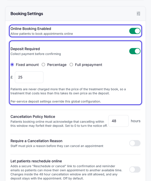 Booking Settings with Online Booking Enabled switched on and highlighted, and Deposit Required switched on with Fixed amount chosen and £25 entered.