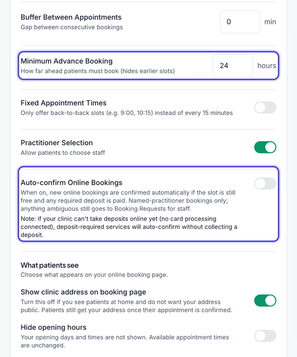Minimum Advance Booking set to 24 hours and highlighted, Practitioner Selection switched on, and Auto-confirm Online Bookings switched off and highlighted.