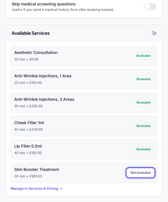 The Available Services list, with every treatment marked Bookable except Skin Booster Treatment, whose Not bookable button is highlighted.