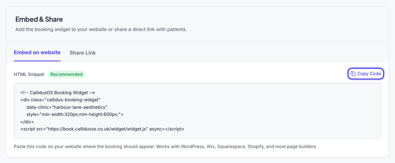 The Embed & Share tab with Embed on website open, showing the HTML snippet for the clinic and the Copy Code button highlighted.