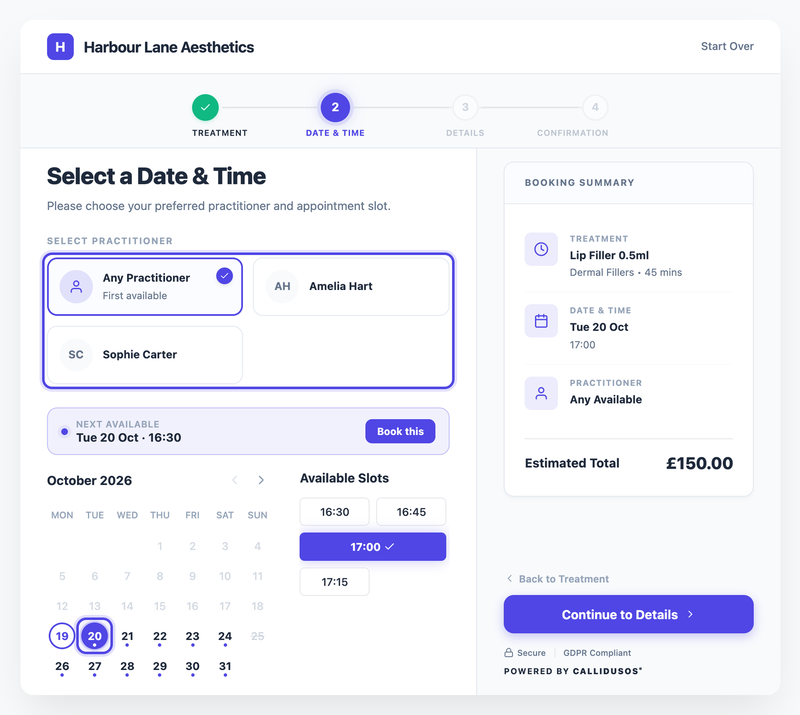 The clinic's booking page at Select a Date & Time, with the practitioner choices highlighted (Any Practitioner, Amelia Hart, Sophie Carter), a free day highlighted in the calendar and the available times beside it.