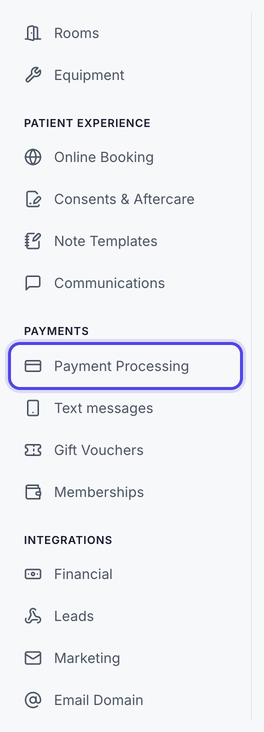 The settings menu, with Payment Processing highlighted under the Payments heading.
