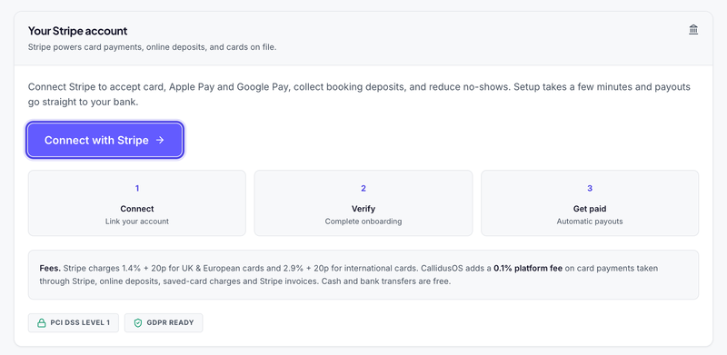 Your Stripe account before connecting: Connect with Stripe highlighted, the three steps Connect, Verify and Get paid, and a note about fees.