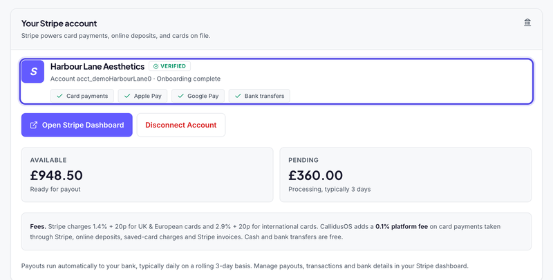Your Stripe account once connected: the clinic's name with a Verified badge, its account number and Onboarding complete, then Open Stripe Dashboard and Disconnect Account, the Available and Pending balances, and the fees.