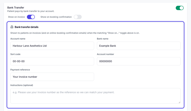 Bank Transfer switched on and shown on invoices, with the Bank transfer details filled in: account name, bank name, sort code, account number and payment reference.