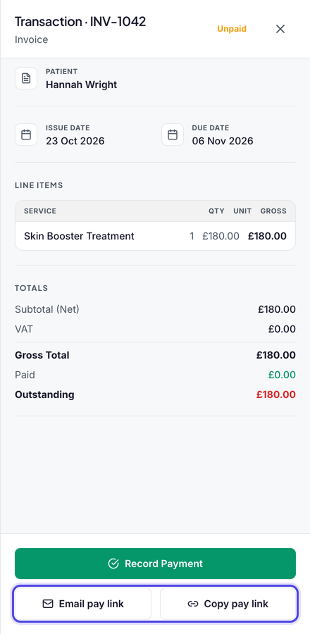 An unpaid invoice for Hannah Wright, £180.00 outstanding, with Record Payment and, highlighted, Email pay link and Copy pay link.