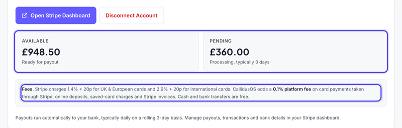 Open Stripe Dashboard, the Available and Pending balances and the fees note, with the balances and the fees highlighted.